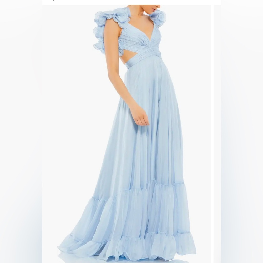 Ma Duggal Rosette Chiffon Cutout Empire Waist Gown blue